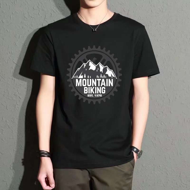 Mountain Biking Cartoon - Men's Black Round-Neck Short-Sleeved T-Shirt, Mountain
