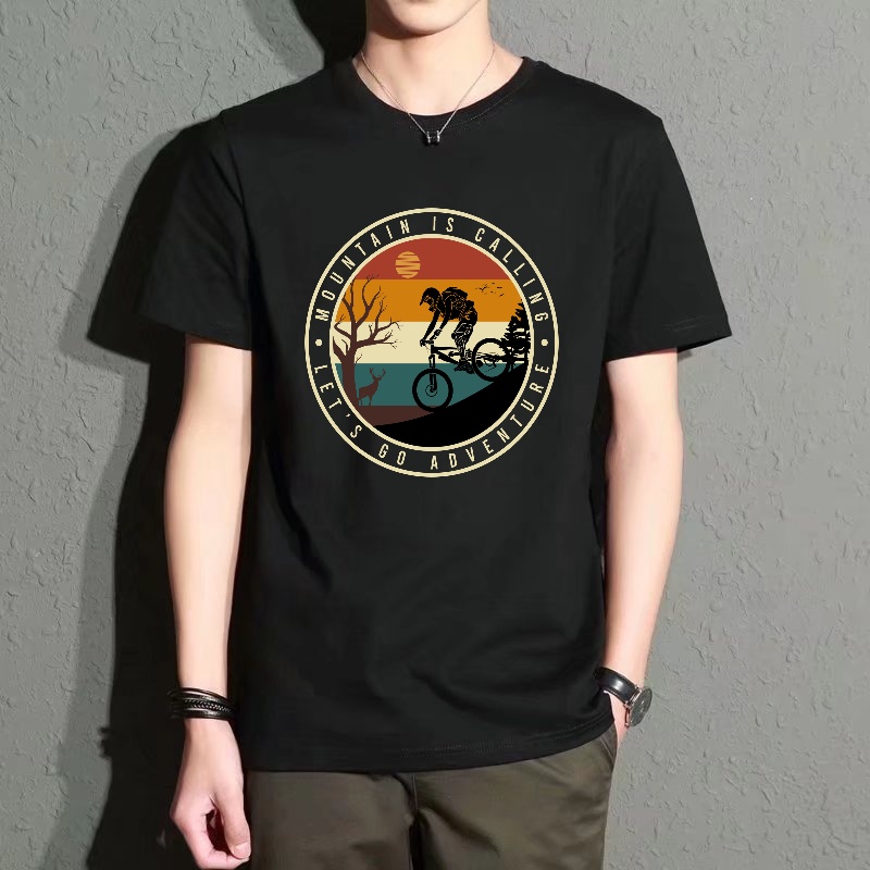 Mountain Biking Cartoon - Men's Black Round-Neck Short-Sleeved T-Shirt, Mountain